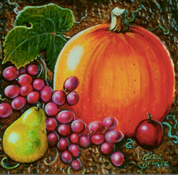 still life picture of pumpkin and grapes by Elaine Bawden
